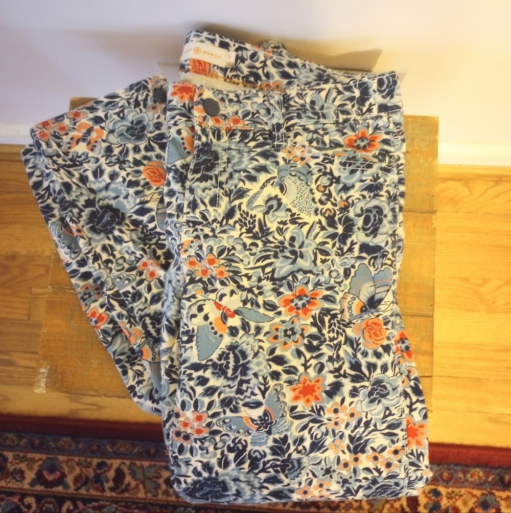 Tory Burch Blue and Orange Floral Denim Pants